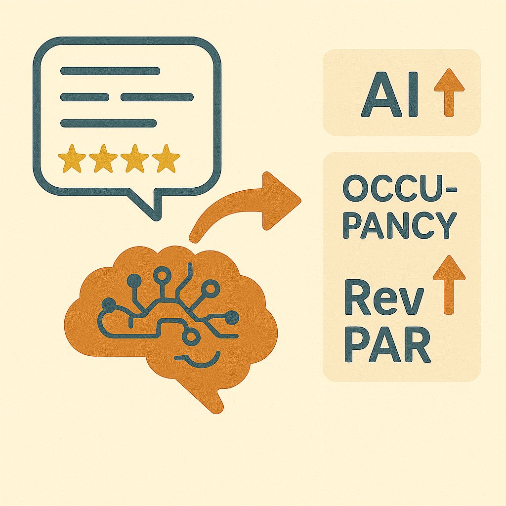 Illustration showing AI analyzing review data and converting it into revenue metrics like ADR, occupancy, and RevPAR