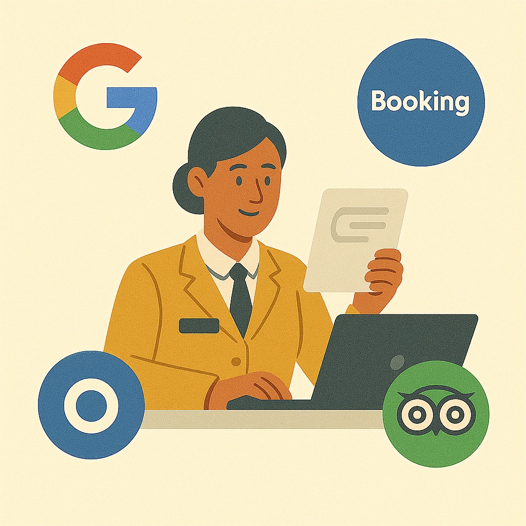 Illustration showing hotel staff responding to reviews across multiple platforms