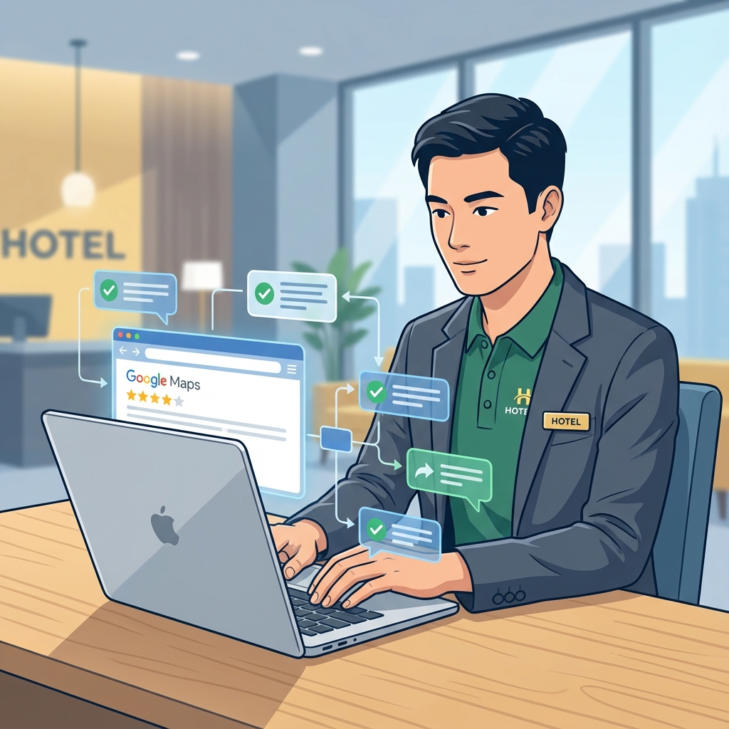 Hotel staff member replying to a Google review quickly on a laptop, with short message bubbles showing a personalized response workflow.