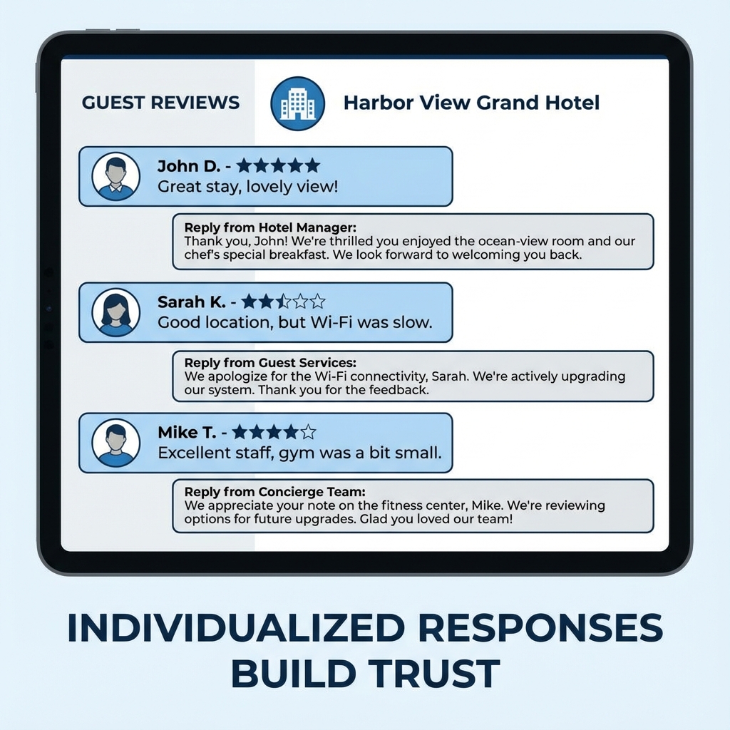 A hotel profile with multiple guest reviews, each matched with a different, specific reply—illustrating why individualized responses build trust.